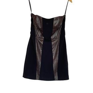 French Connection Black Strapless Mini Dress with Gold Metallic Accents